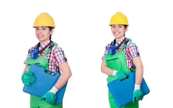 Junge Frau in grünen Overalls — Stockfoto