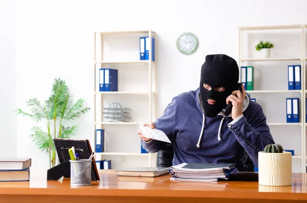 Männlicher Dieb mit Sturmhaube im Büro — Stockfoto