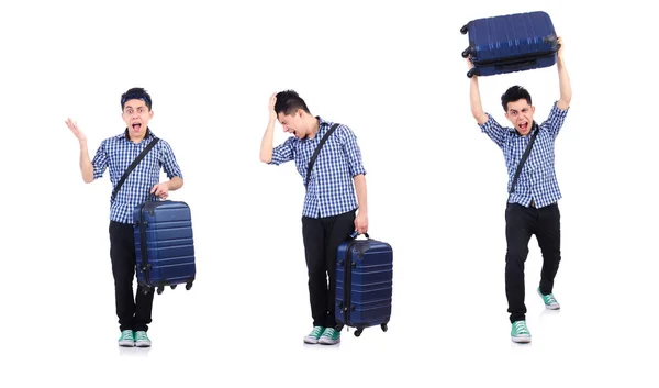 Young guy with travel case on white — Stock Photo, Image