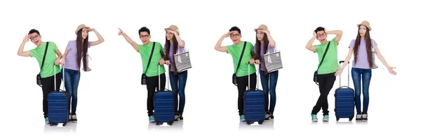 Κορίτσι και αγόρι με βαλίτσα απομονωμένη στα λευκά — Φωτογραφία Αρχείου