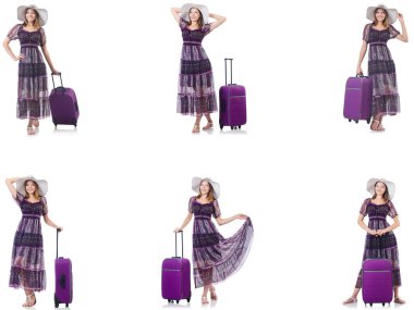 Bavullu genç bir kadın beyaz üzerine izole edilmiş.