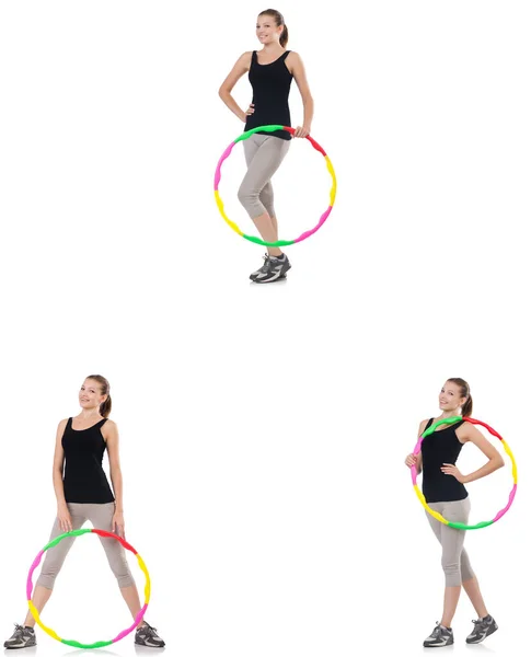Young woman with hula hoop isolated on white — Stock Photo, Image