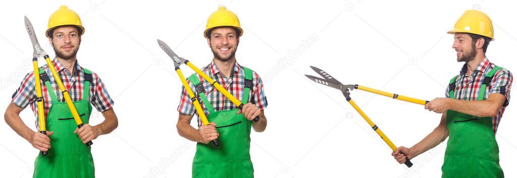Worker with shears isolated on white
