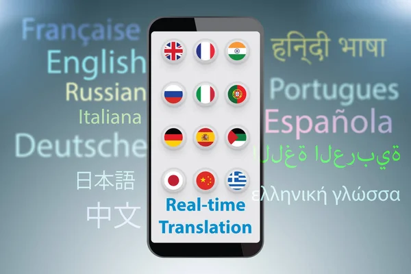 Concetto di traduzione in tempo reale con app per smartphone - rendering 3d — Foto Stock
