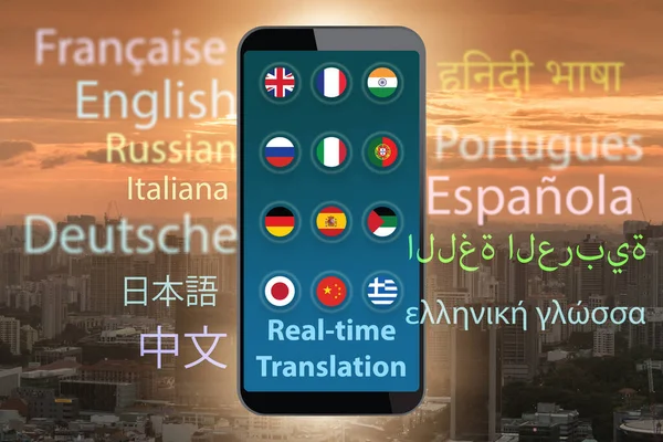 Konzept der Echtzeit-Übersetzung mit Smartphone-App - 3D-Renderer — Stockfoto