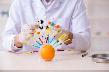 Erkek beslenme uzmanı gıda ürünlerini laboratuarda test ediyor.