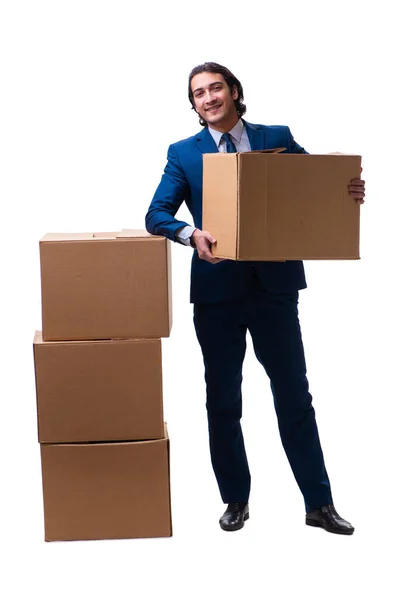 Giovane dipendente maschio con scatole isolate su bianco — Foto Stock
