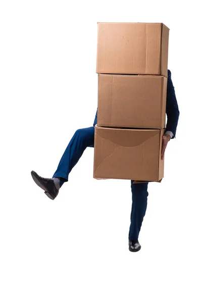 Young male employee with boxes isolated on white Stock Image