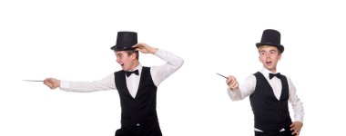 Sihirli sopası olan büyücü beyaza izole edilmiş