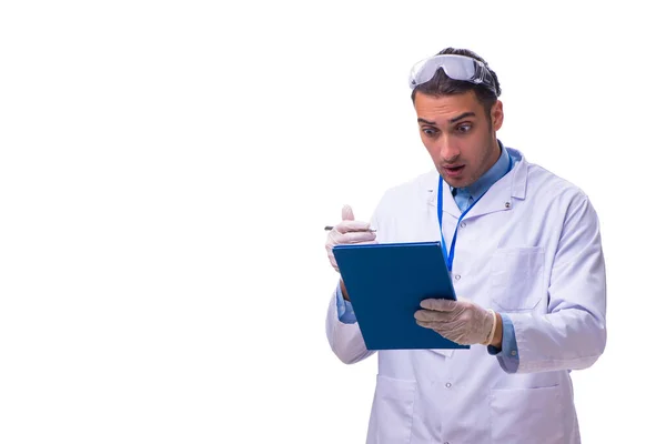 Giovane medico maschio con note isolate su bianco — Foto Stock