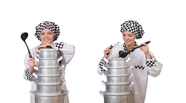 Cook with stack of pots on white — Stock Photo, Image