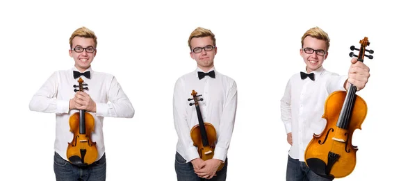 Jonge grappige vioolspeler geïsoleerd op wit — Stockfoto