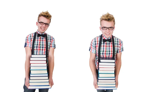 Grappige student met stapel boeken — Stockfoto