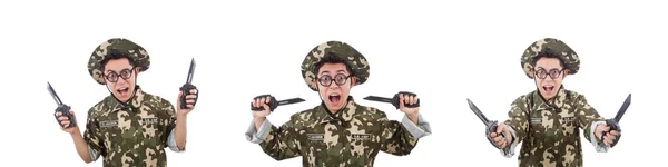 Funny soldado con cuchillo en blanco — Foto de Stock