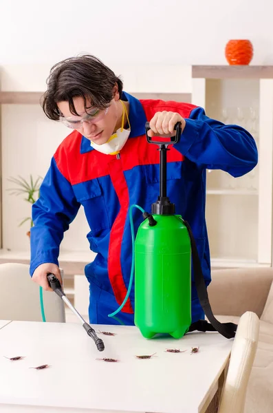 Joven contratista haciendo control de plagas en casa — Foto de Stock