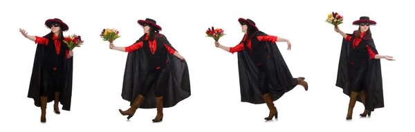 Дівчина в чорно-червоному карнавальному костюмі ізольована на білому — стокове фото