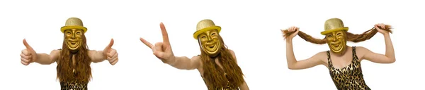 Chica en máscara de oro aislado en blanco — Foto de Stock