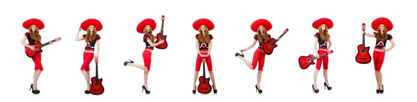 Guitarrista mujer con sombrero en blanco — Foto de Stock