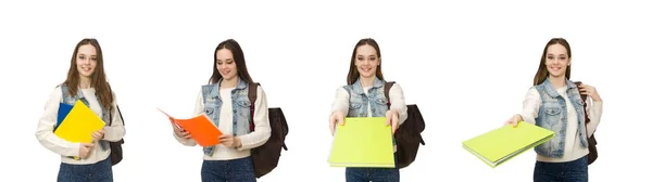 Bella studente in possesso di libri di testo isolati su bianco — Foto Stock