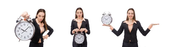 Business lady holding alarm clock isolated on white — Stock Photo, Image