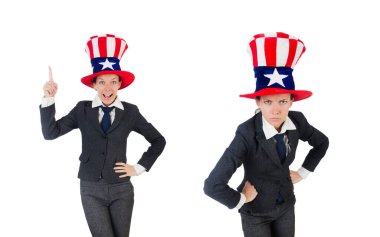 Beyaz üzerinde Amerikan sembolleri olan genç bir kadın.