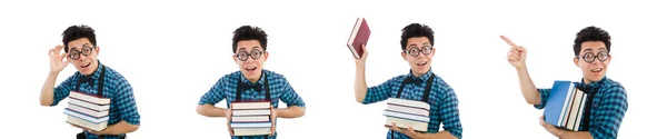 Grappige student met stapel boeken — Stockfoto