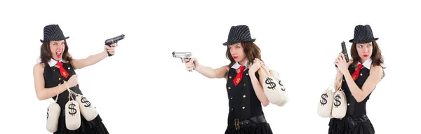 Gangster femme avec arme et argent — Photo