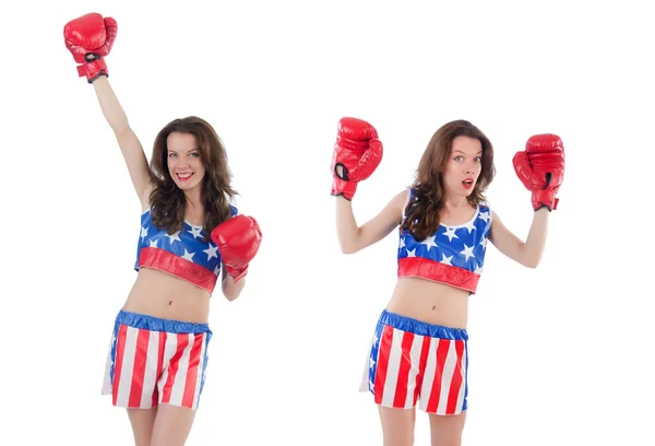 Kvinna boxare i uniform med amerikanska symboler — Stockfoto