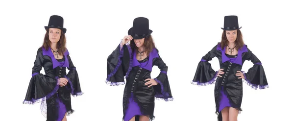 Ragazza che indossa abito viola e nero isolato su bianco — Foto Stock