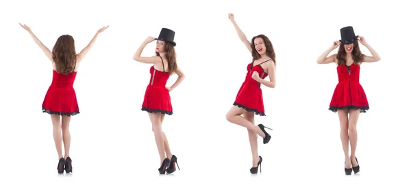 Jovem modelo feminino posando em mini vestido vermelho — Fotografia de Stock