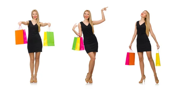 Woman after shopping spree on white — Stock Photo, Image