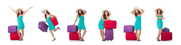 Viaggiatore donna con valigia isolata su bianco — Foto Stock