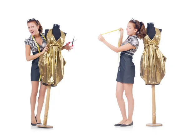 Woman tailor working on white background — Stock Photo, Image