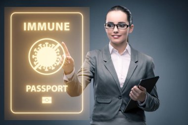 Concept of immunity passport - pressing virtual button clipart