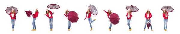 Junge Frau mit Regenschirm auf weißem Grund — Stockfoto