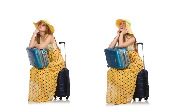 Mulher pronta para viajar de verão isolado em branco — Fotografia de Stock