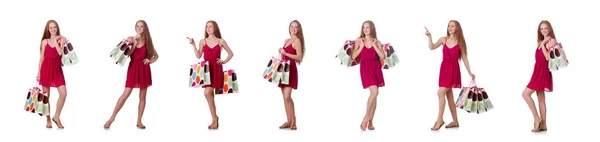 白に隔離されたショッピングバッグを持つ女性 — ストック写真