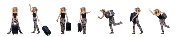 Mujer lista para viajar en verano aislada en blanco —  Fotos de Stock