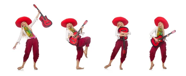 Frau trägt Gitarre mit Sombrero — Stockfoto