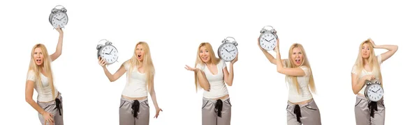 Femme avec horloge isolée sur blanc — Photo