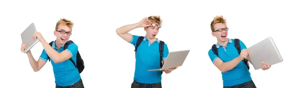 Student mit Laptop isoliert auf weiß — Stockfoto