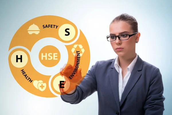 HSE concept with businesswoman pressing virtual button — Stock Photo, Image