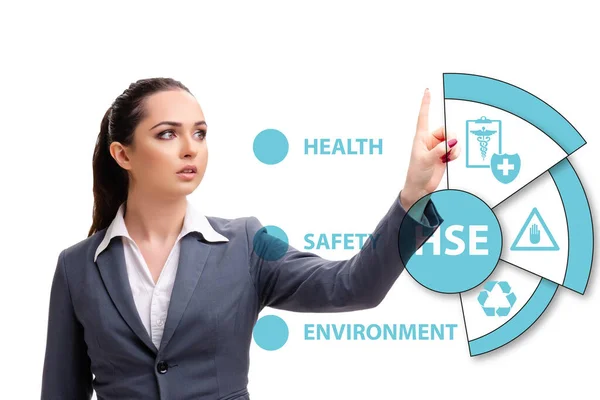 HSE concept met zakenvrouw op virtuele knop — Stockfoto