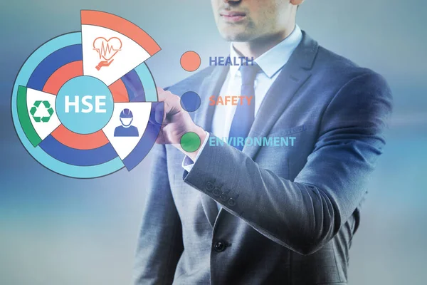 가상 버튼을 누르는 사업가와 의 HSE 개념 — 스톡 사진