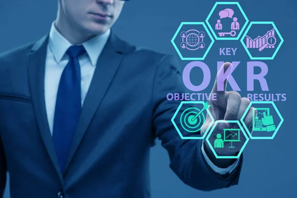 Concepto OKR con resultados clave objetivos y empresario —  Fotos de Stock