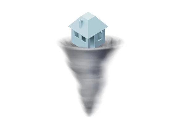 Afscherming concept met huis verloren in tornado - 3d rendering — Stockfoto