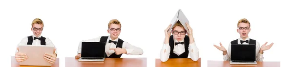 Estudiante inteligente sentado con portátil aislado en blanco —  Fotos de Stock