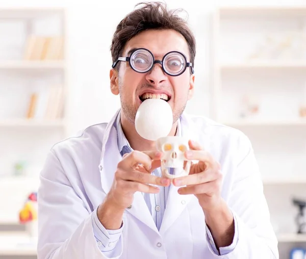 Verrückter Arzt untersucht menschliches Skelett — Stockfoto