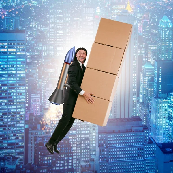 Homme d'affaires avec jetpack livrant des boîtes dans le monde entier — Photo