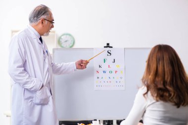 Genç kadın yaşlı erkek doktor göz doktorunu ziyaret ediyor.
